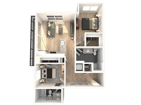Floor plan for 2 beds, 2 baths, 890 sqft